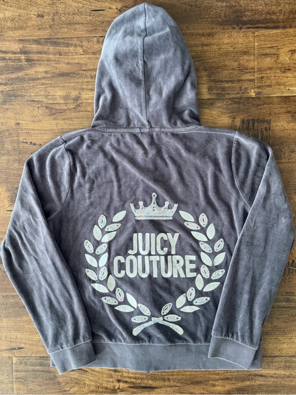 VTG Juicy Couture Jacket Women Large Gray Velour Full Zip Hooded Bejeweled